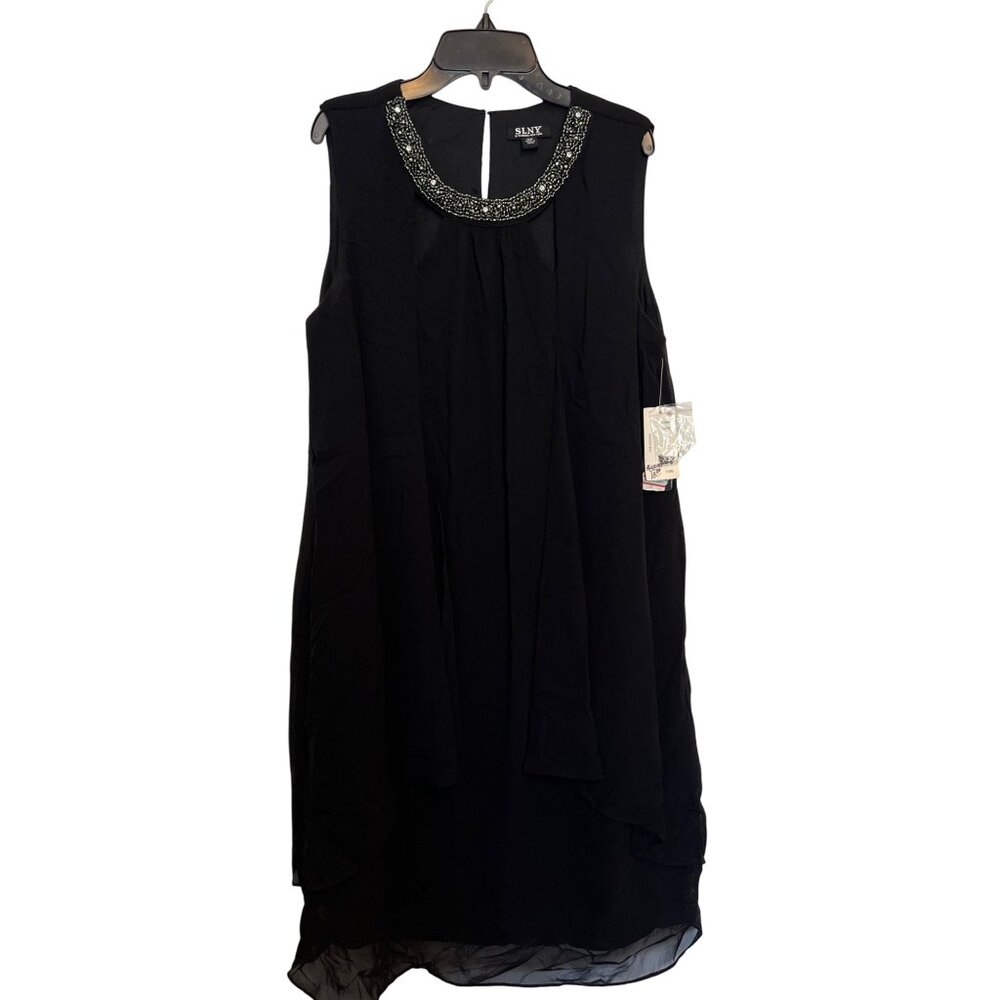 Black Sleeveless Beaded Neckline Dress 14W With Flowing Chiffon Overlay & Keyhol
